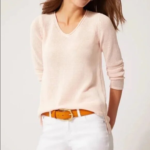 NWOT J. McLaughlin Cotton Blend Light Pink Knit V Neck Sweater Sz L - Picture 1 of 9